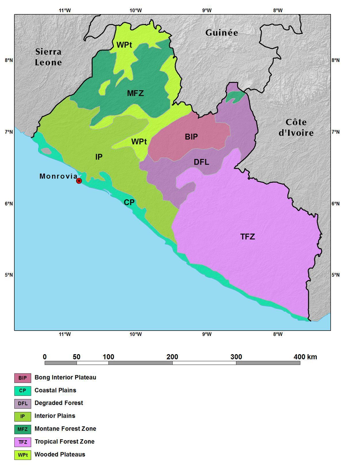 kaart van Liberië berge