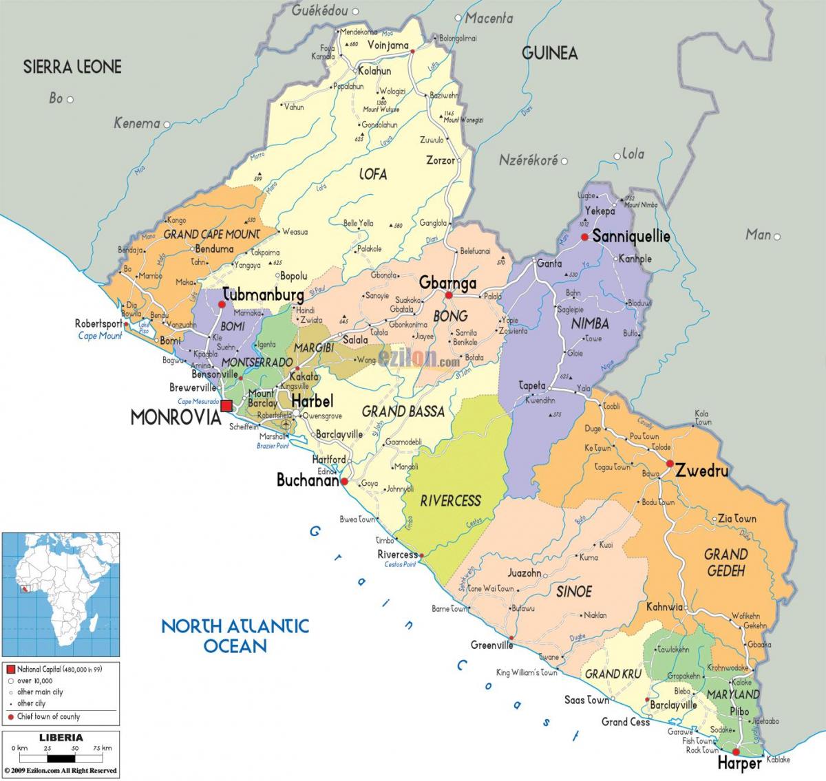 die politieke kaart van Liberië