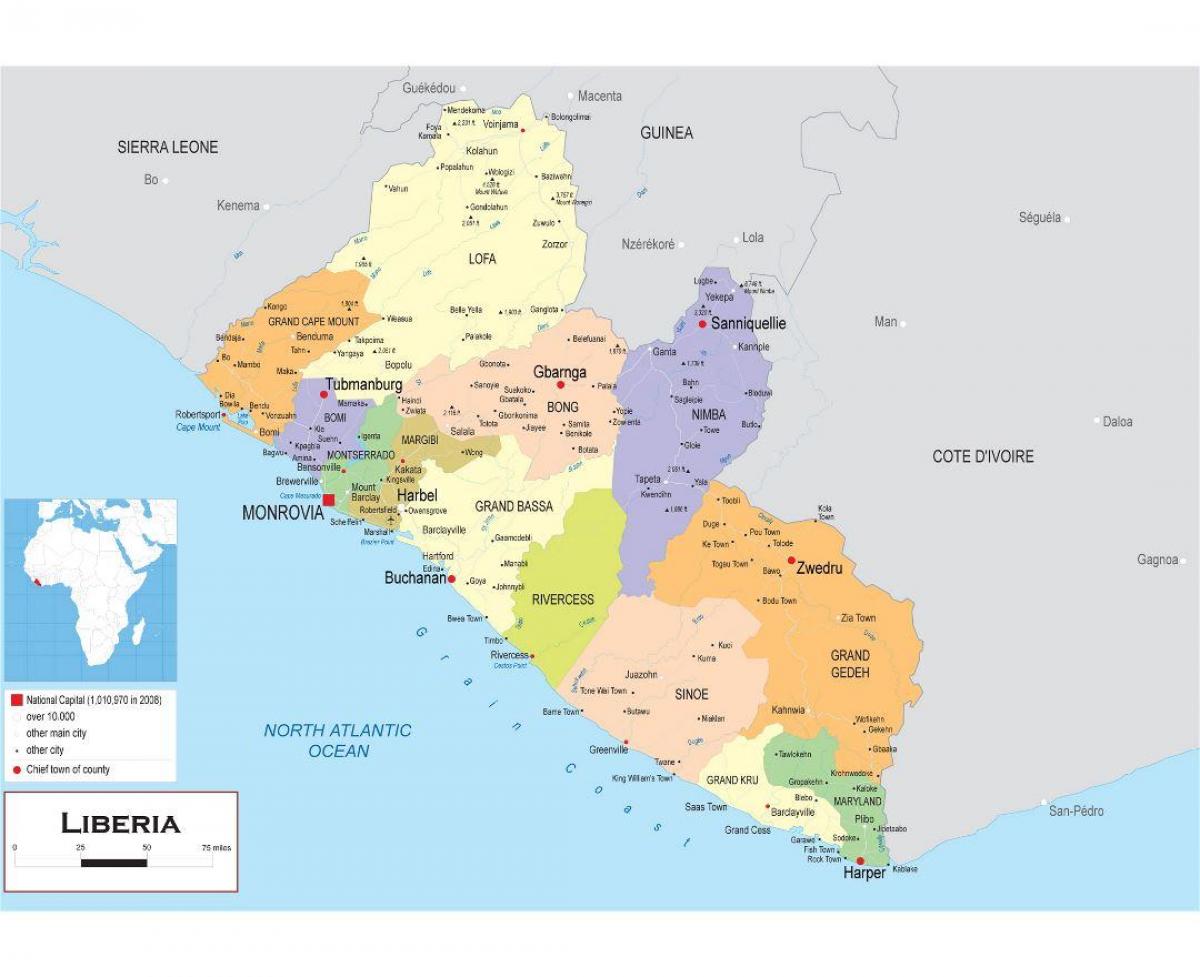 kaart van die teken van die politieke kaart van Liberië
