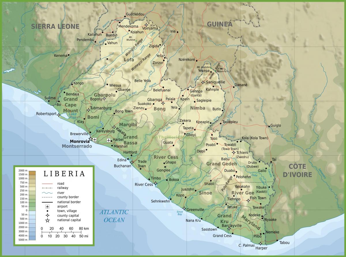 teken die fisiese kaart van Liberië