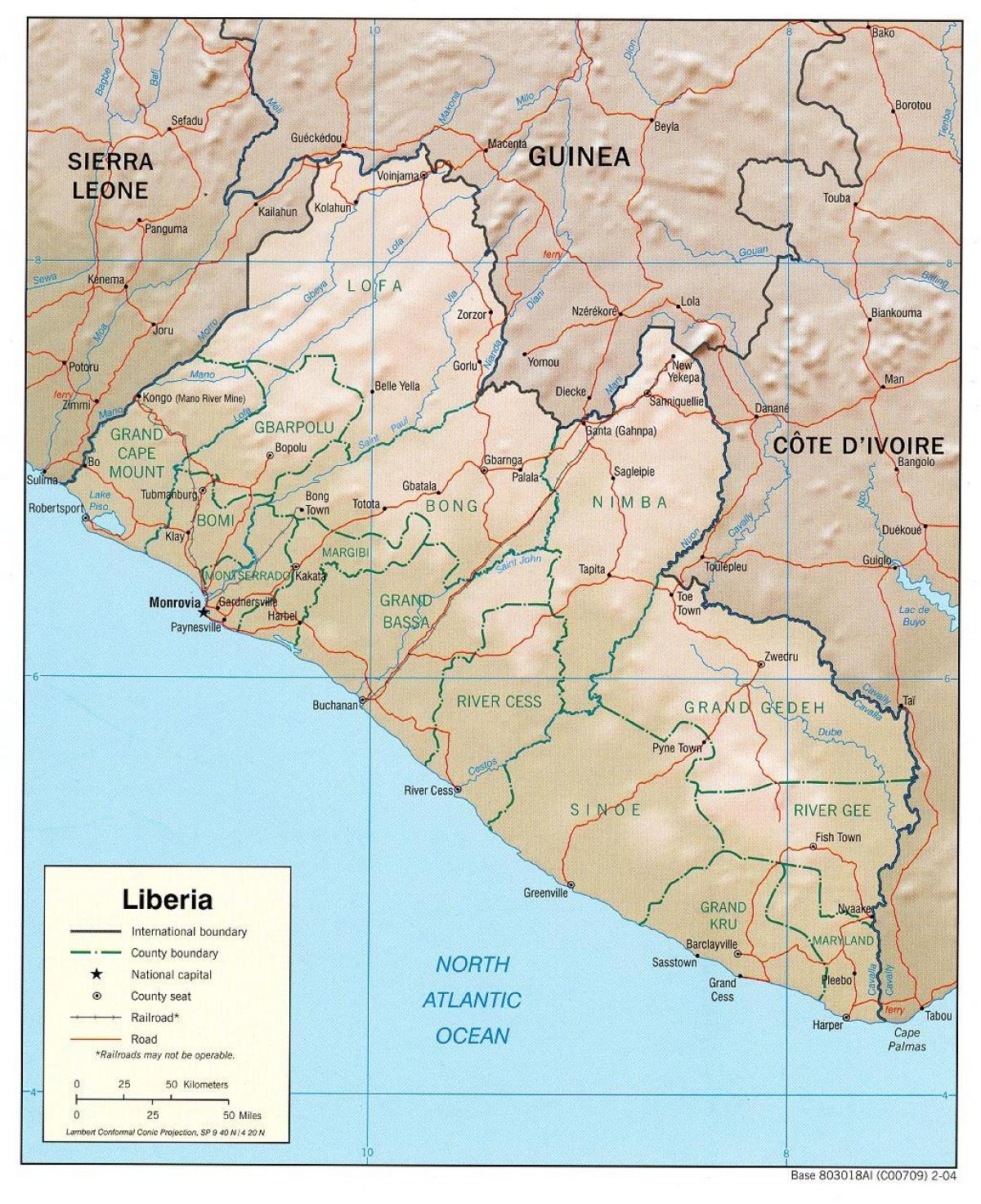kaart van geografiese kaart van Liberië